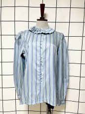 画像1: プリーツ襟 ライトブルー ストライプ シャツ レトロ USA古着 ヴィンテージブラウス (1)