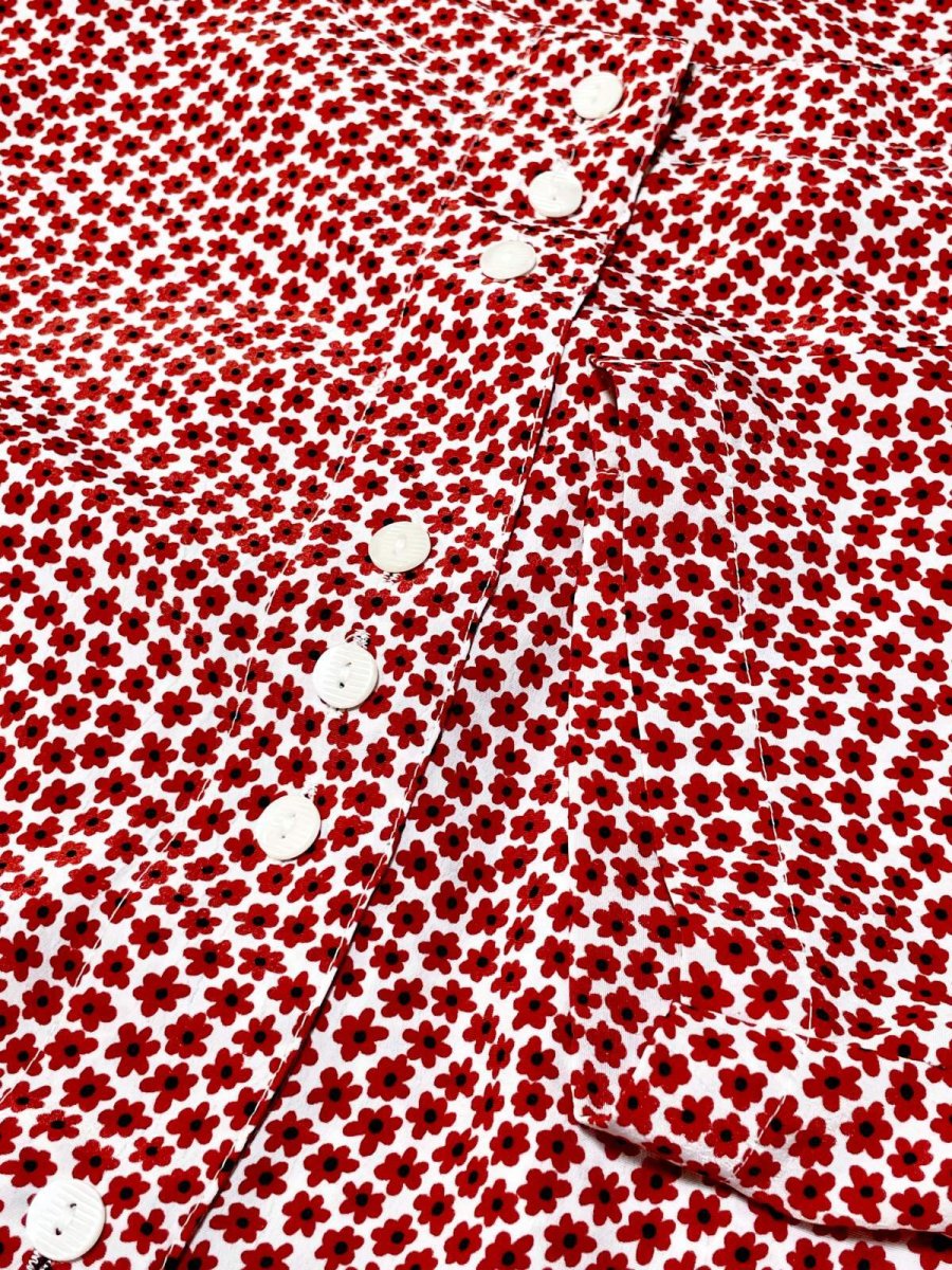 画像9: レトロポップフラワー 花柄 ノーカラー ヨーロッパ古着 シャツ ヴィンテージブラウス (9)