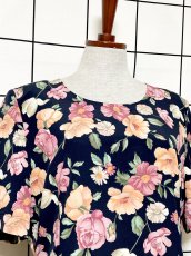 画像5: 花柄 ティアード プリーツ切り替え ネイビー レトロ ヨーロッパ古着 ヴィンテージワンピース (5)
