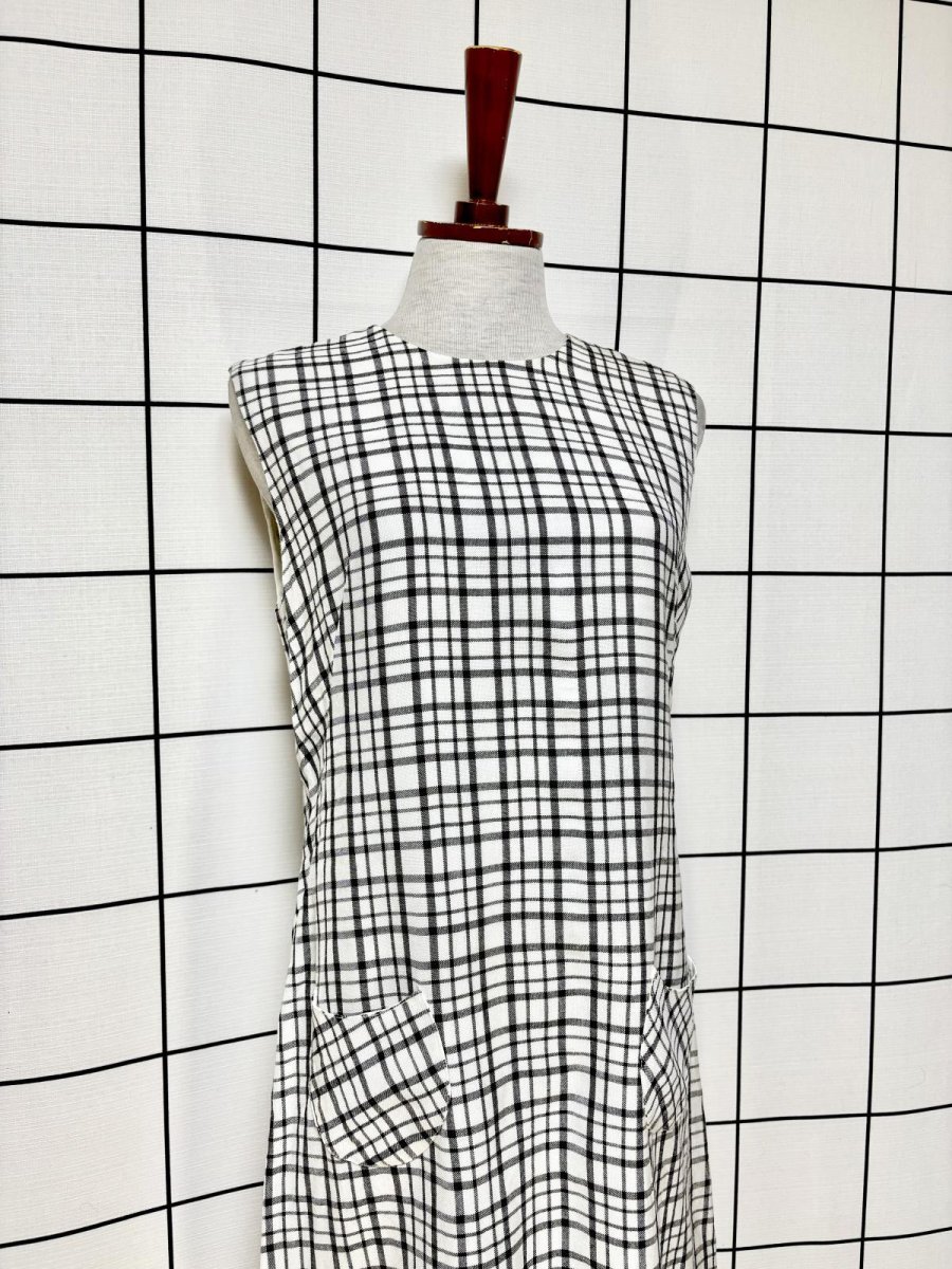 画像4: チェック柄 モノクロ レトロ USA古着 ノースリーブ ヴィンテージワンピース (4)