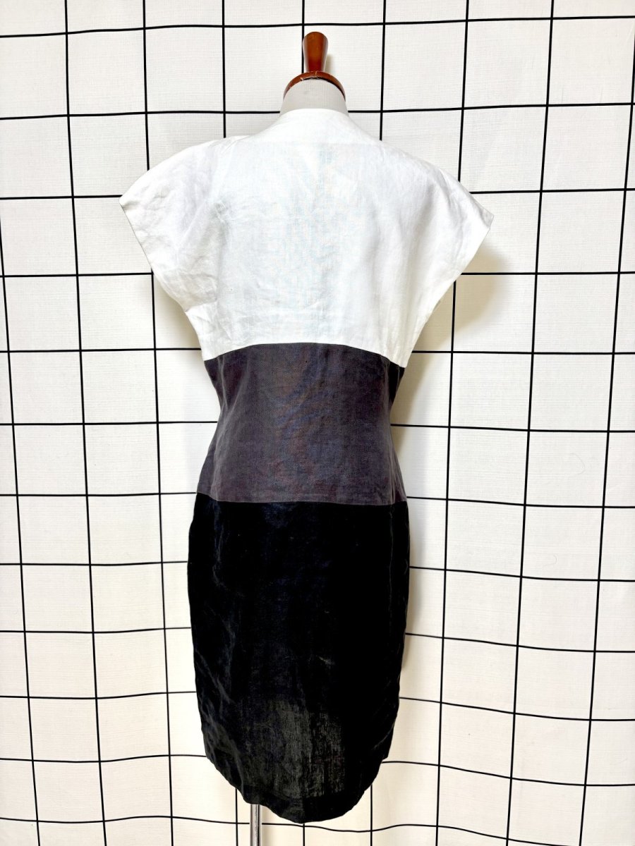 画像3: 西ドイツ製 リネン マルチカラー モノトーン 前開き レトロ ヨーロッパ古着 ヴィンテージワンピース (3)