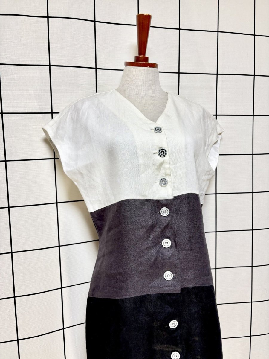 画像4: 西ドイツ製 リネン マルチカラー モノトーン 前開き レトロ ヨーロッパ古着 ヴィンテージワンピース (4)