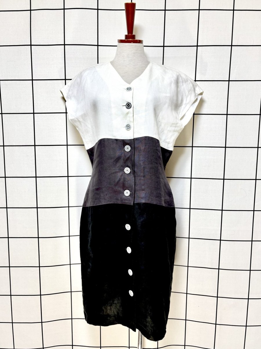 画像1: 西ドイツ製 リネン マルチカラー モノトーン 前開き レトロ ヨーロッパ古着 ヴィンテージワンピース (1)