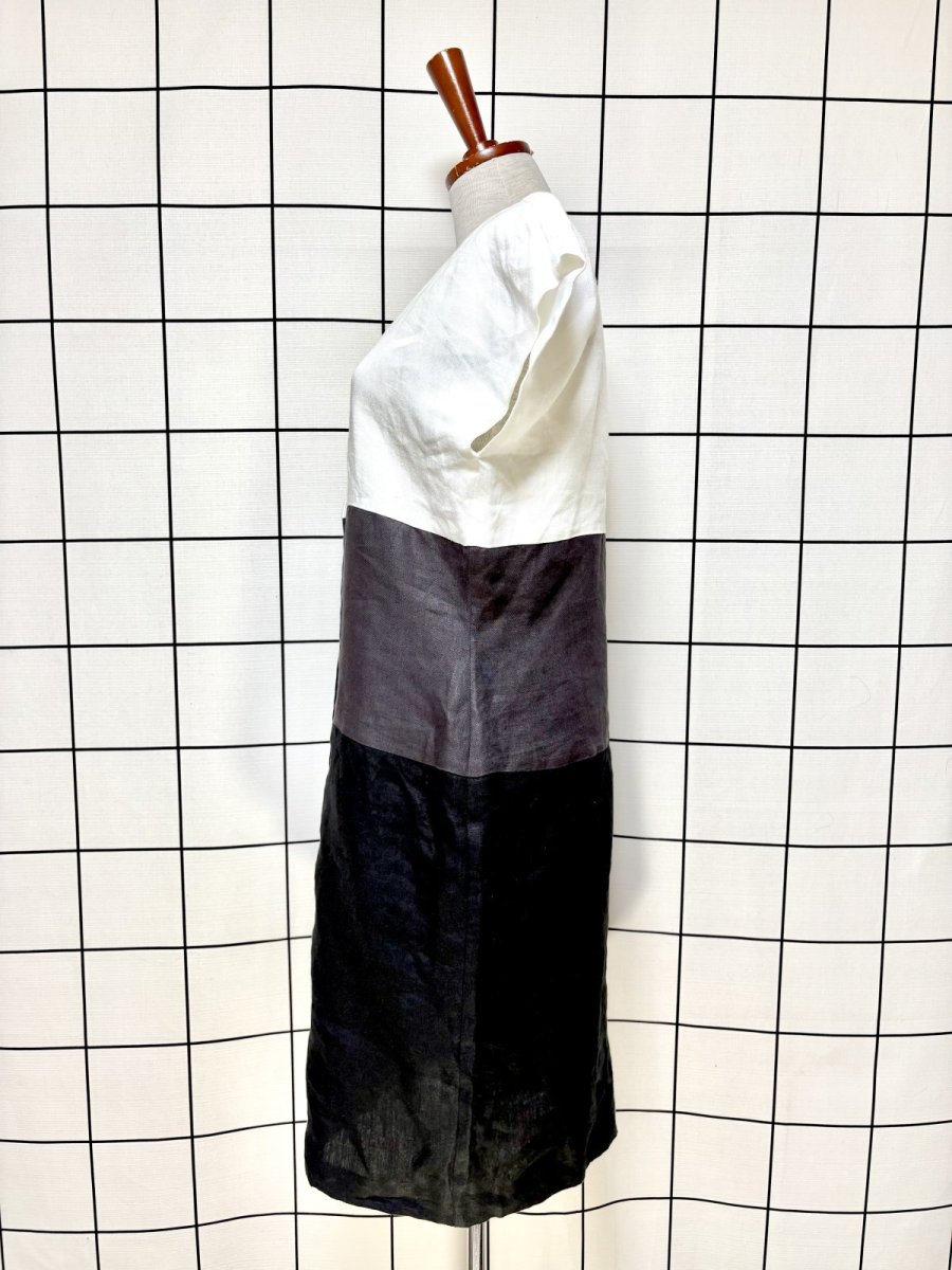 画像2: 西ドイツ製 リネン マルチカラー モノトーン 前開き レトロ ヨーロッパ古着 ヴィンテージワンピース (2)