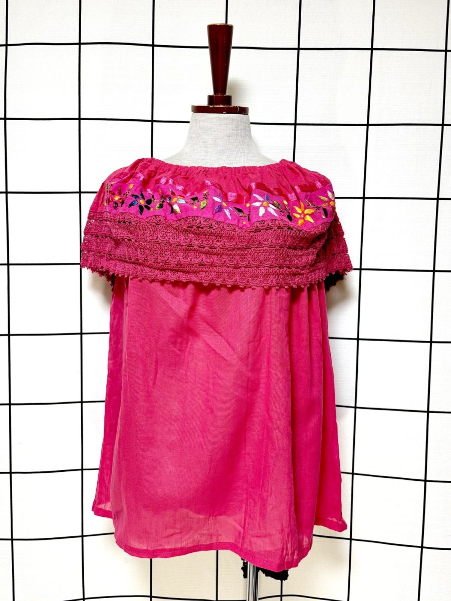 画像1: メキシカン刺繍 レース フォークロア レトロ 古着 メキシコ製 ヴィンテージ刺繍ブラウス (1)