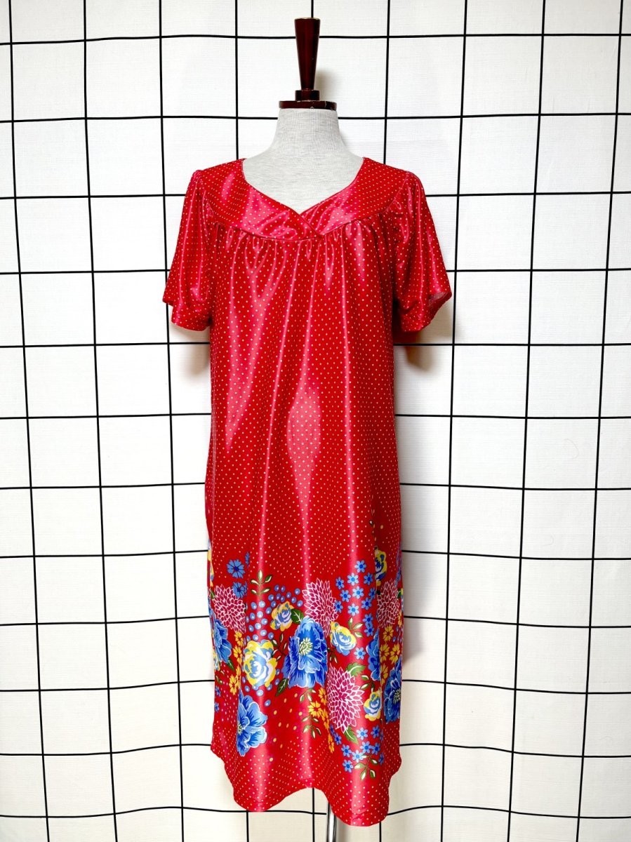 画像1: ドット 花柄 レッド レトロ USA古着 ヴィンテージワンピース (1)