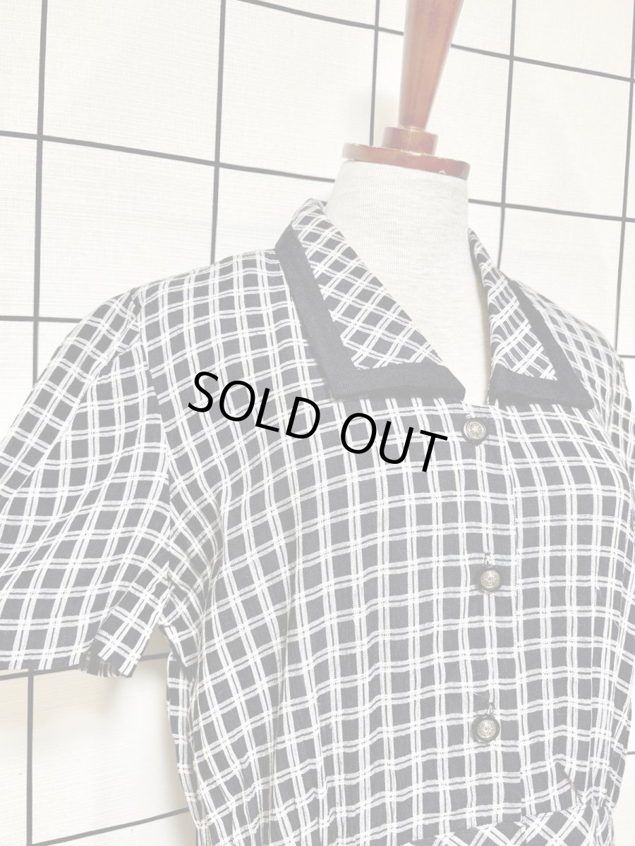 画像5: チェック柄 前開き モノトーン 半袖 レトロ USA古着 ヴィンテージワンピース (5)