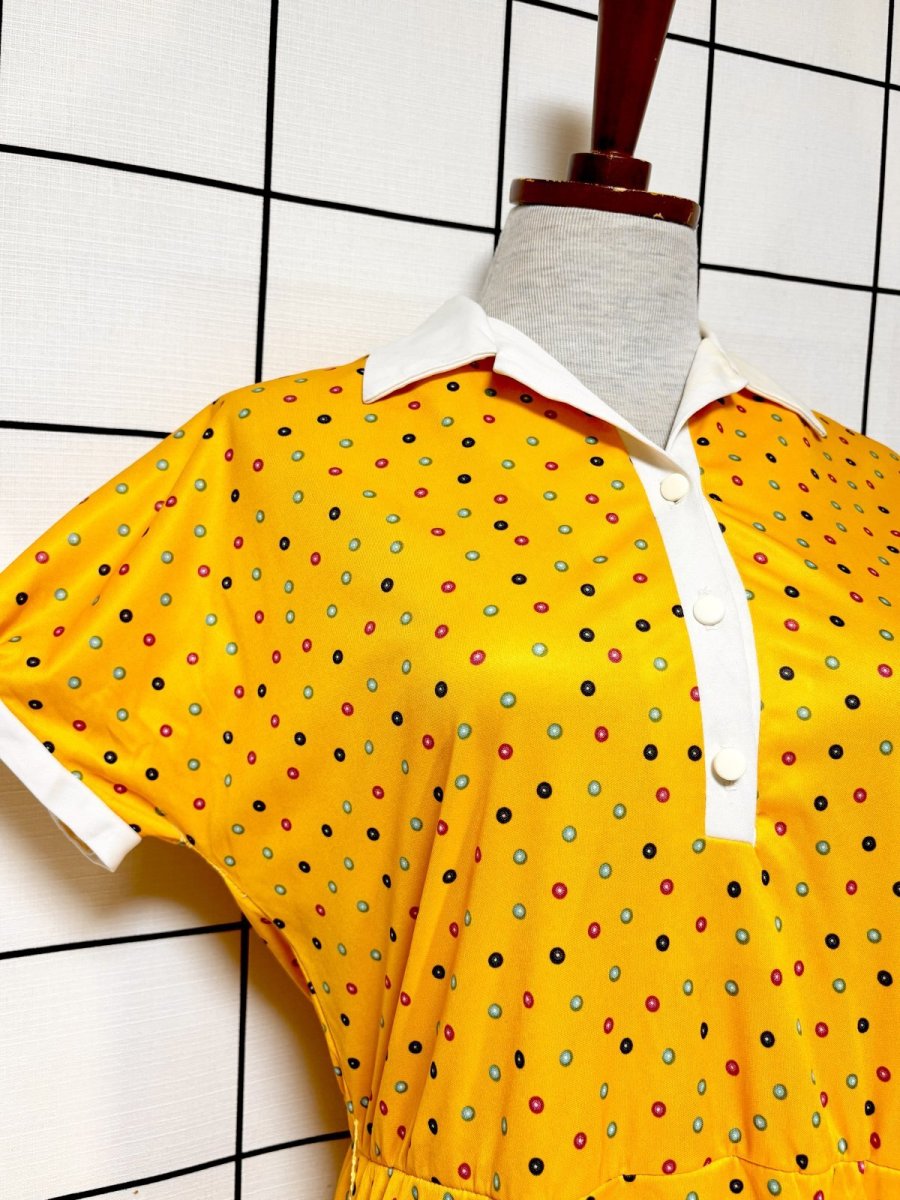 画像6: ドット イエロー ウエストゴム レトロ USA古着 ヴィンテージワンピース (6)