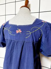 画像3: メキシカンドレス 花刺繍 ネイビー フォークロア 半袖 レトロ ヴィンテージ Mexico 古着 (3)