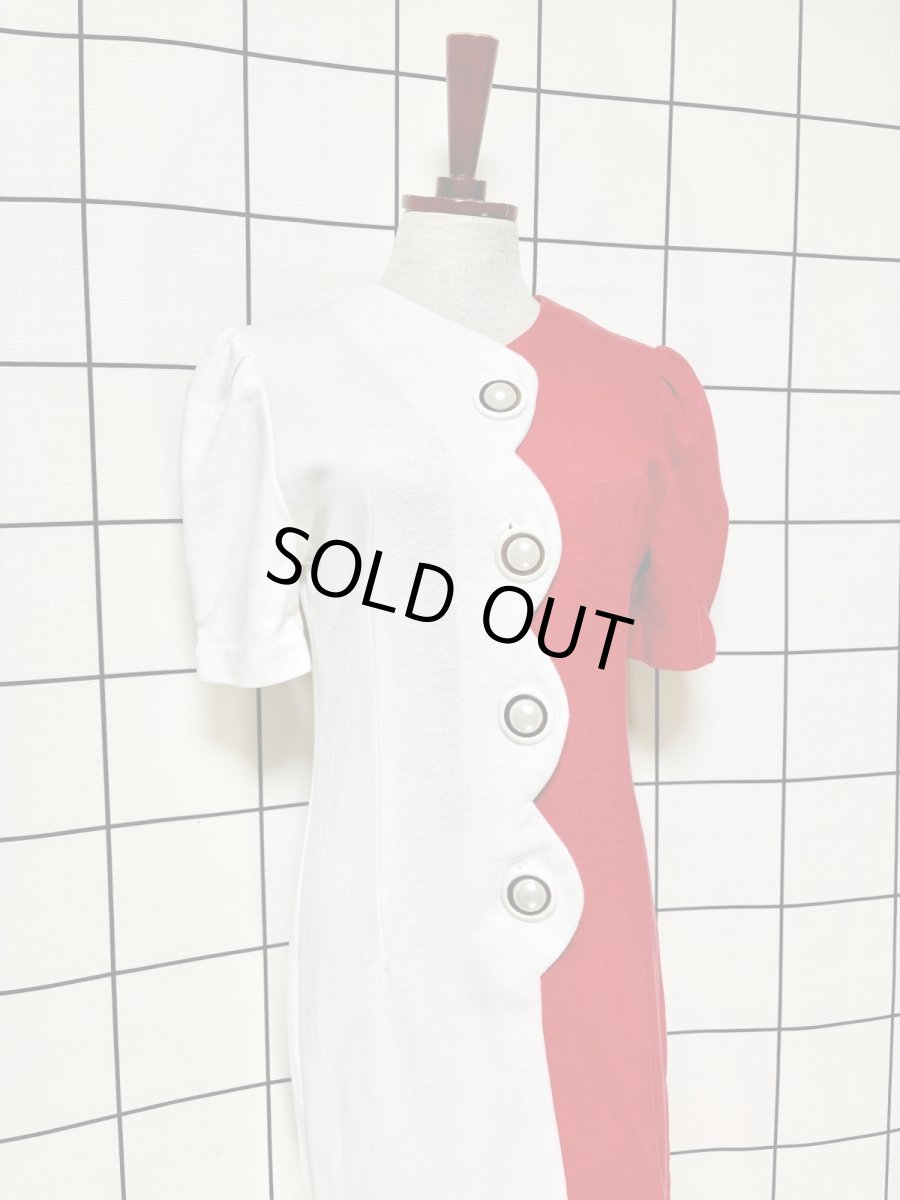 画像3: バイカラー 大ぶりボタン レッド ホワイト レトロ USA古着 ヴィンテージワンピース (3)