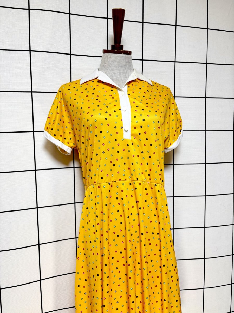 画像3: ドット イエロー ウエストゴム レトロ USA古着 ヴィンテージワンピース (3)