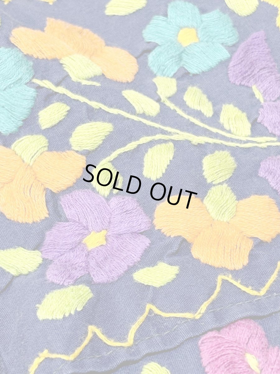 画像10: メキシカンドレス 花刺繍 ネイビー フォークロア 半袖 レトロ ヴィンテージ Mexico 古着 (10)