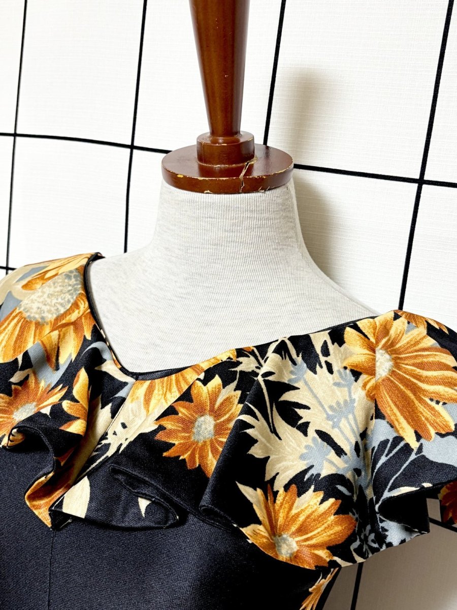 画像5: パーティー衣装にもおすすめ 花柄 フリル ノースリーブ レトロ ヨーロッパ古着 ヴィンテージマキシ丈ドレス (5)