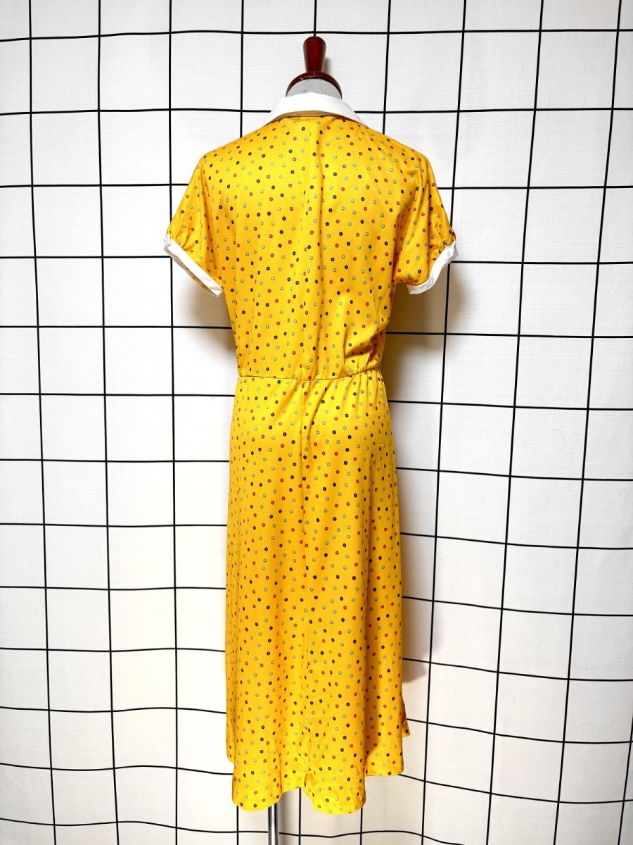 画像2: ドット イエロー ウエストゴム レトロ USA古着 ヴィンテージワンピース (2)
