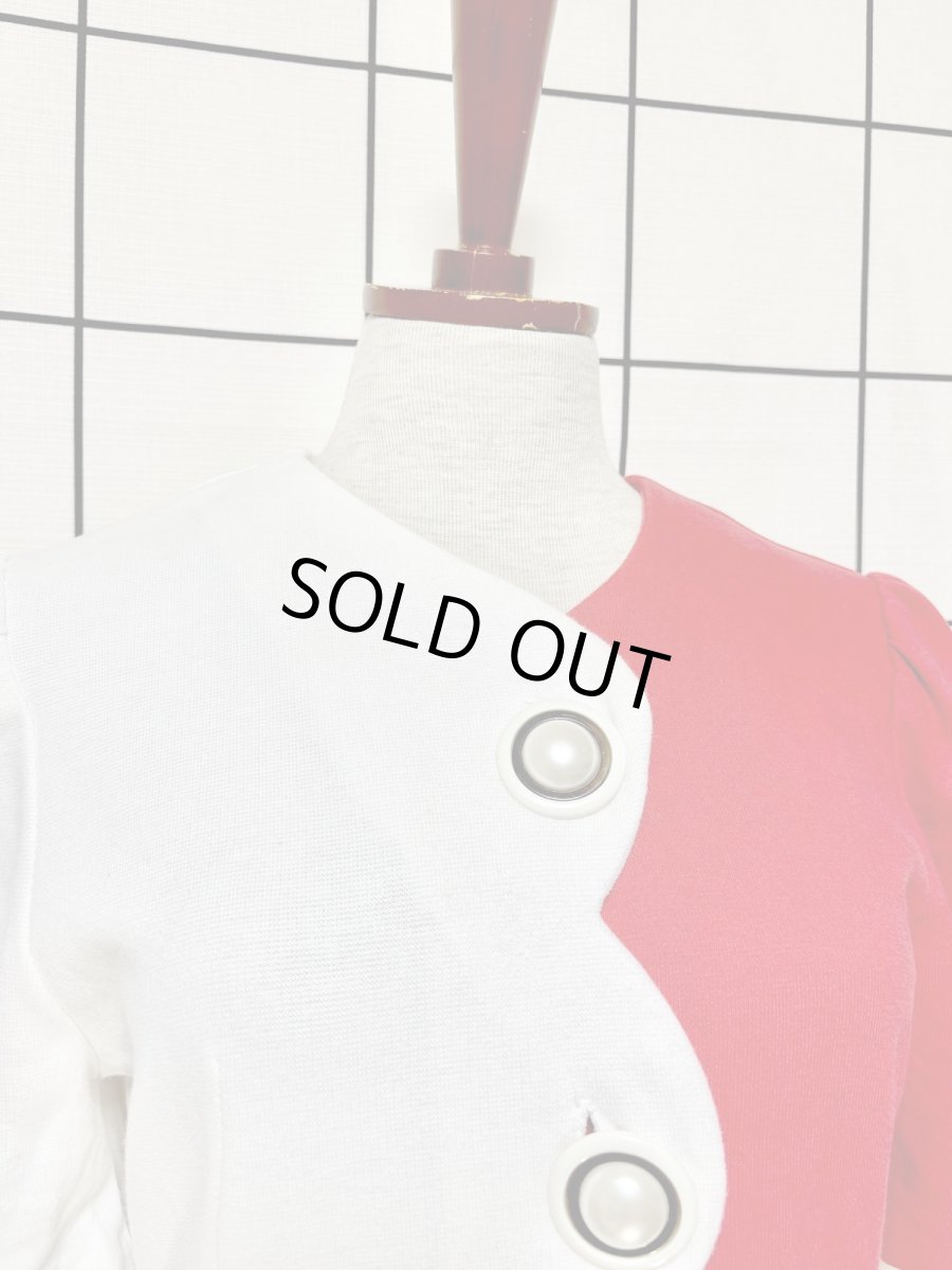 画像5: バイカラー 大ぶりボタン レッド ホワイト レトロ USA古着 ヴィンテージワンピース (5)