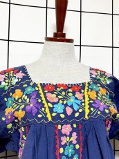 画像6: メキシカンドレス 花刺繍 ネイビー フォークロア 半袖 レトロ ヴィンテージ Mexico 古着 (6)