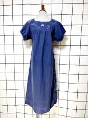 画像2: メキシカンドレス 花刺繍 ネイビー フォークロア 半袖 レトロ ヴィンテージ Mexico 古着 (2)