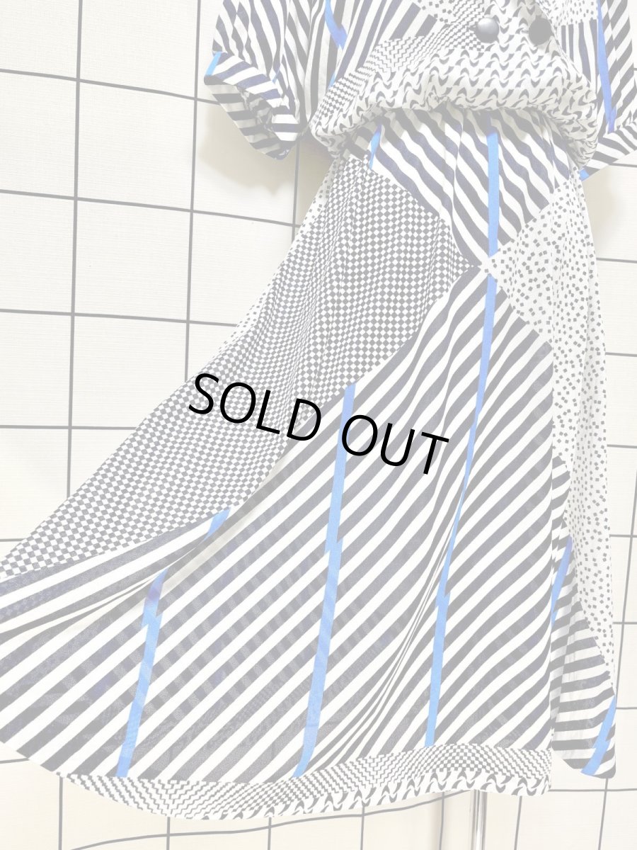 画像9: チェック ストライプ スクエア ウエストゴム レトロ USA古着 ヴィンテージワンピース (9)