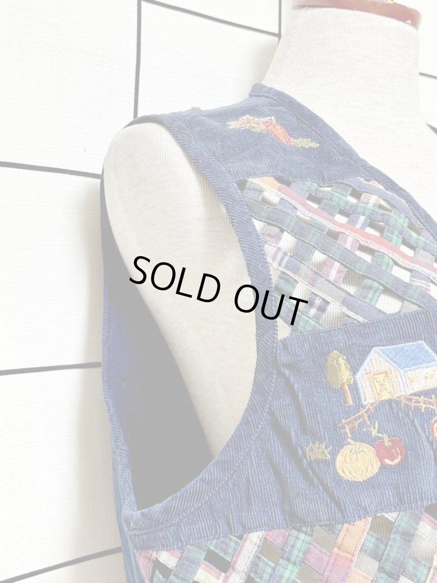 画像8: コーデュロイ 刺繍 ネイビー レトロ India 古着 ヴィンテージベスト (8)