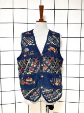 画像1: コーデュロイ 刺繍 ネイビー レトロ India 古着 ヴィンテージベスト (1)