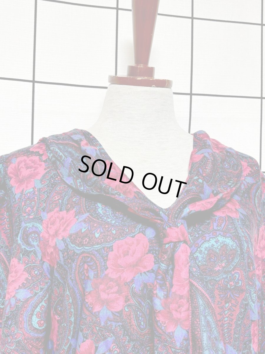 画像5: 薔薇柄 ペイズリー リボンタイ ウエストゴム レトロ USA古着 ヴィンテージワンピース (5)