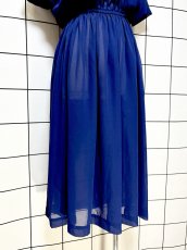画像9: コサージュ付 ネイビー ホワイト ウエストゴム 半袖 レトロ USA古着 ヴィンテージワンピース (9)