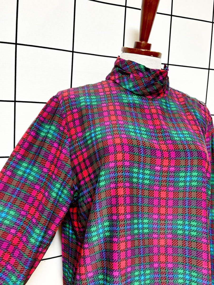 画像6: チェック柄 ハイネック レトロ プルオーバー シャツ USA古着 ヴィンテージトップス (6)