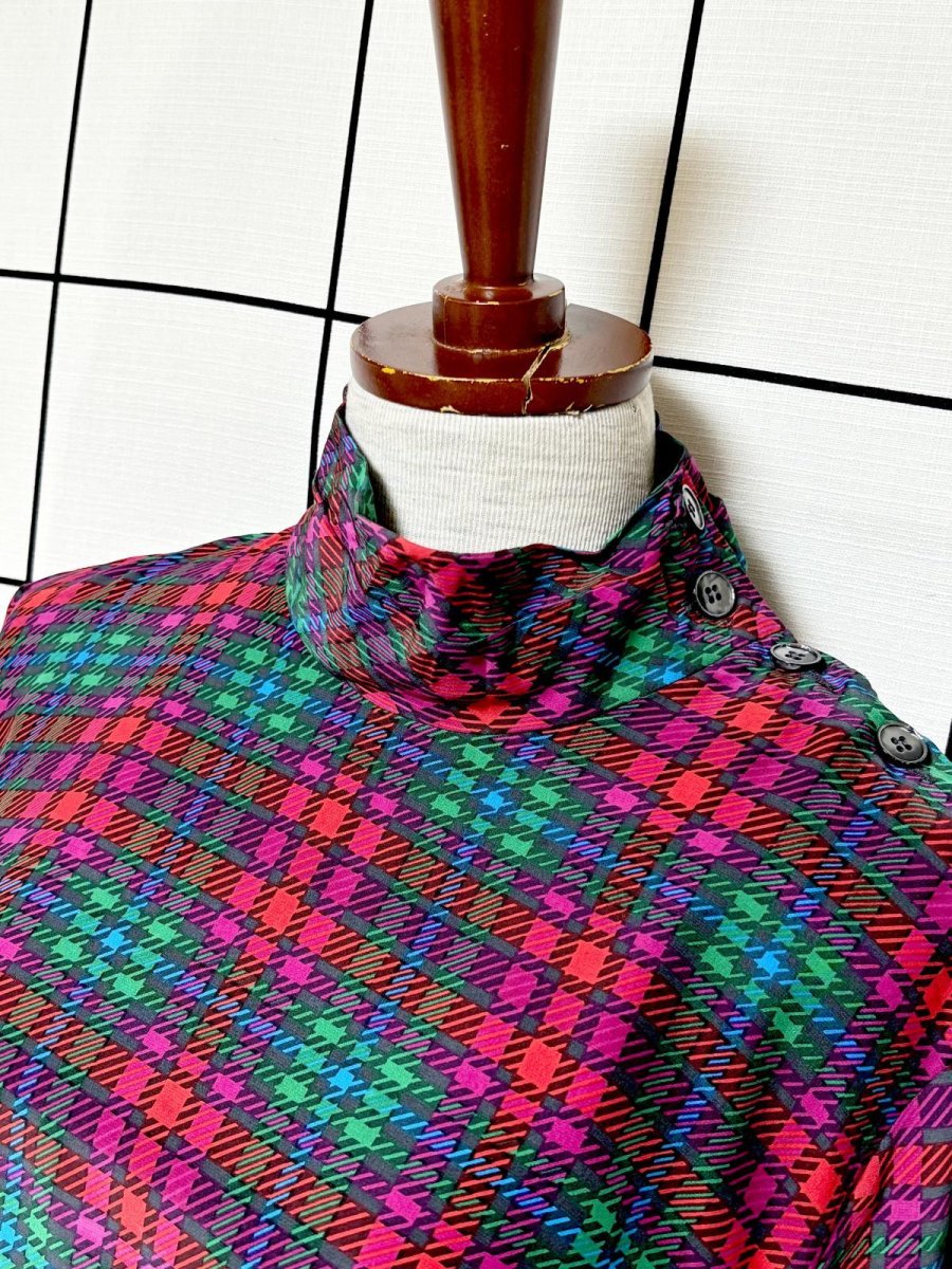 画像4: チェック柄 ハイネック レトロ プルオーバー シャツ USA古着 ヴィンテージトップス (4)