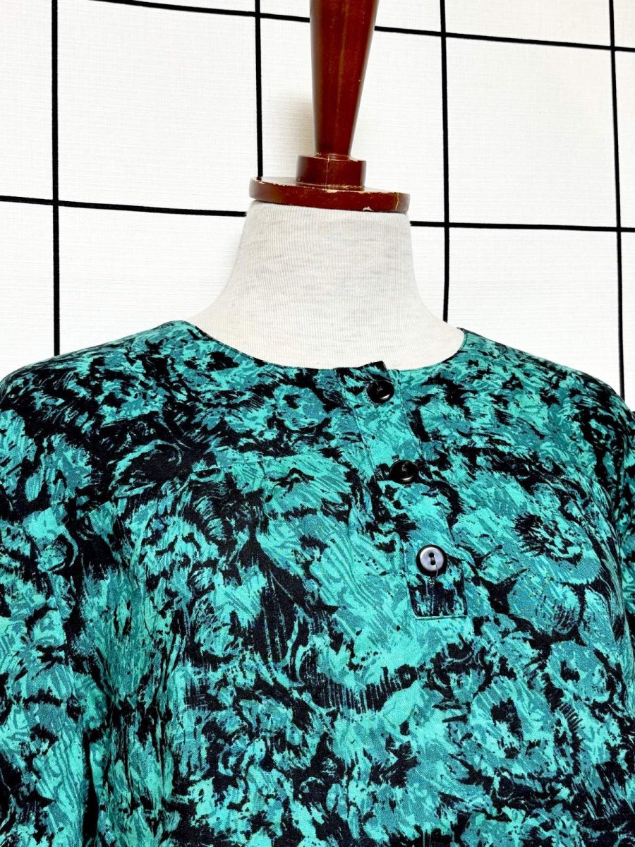 画像5: 花柄 グリーン ブラック ウエストゴム レトロ USA古着 ヴィンテージワンピース  (5)