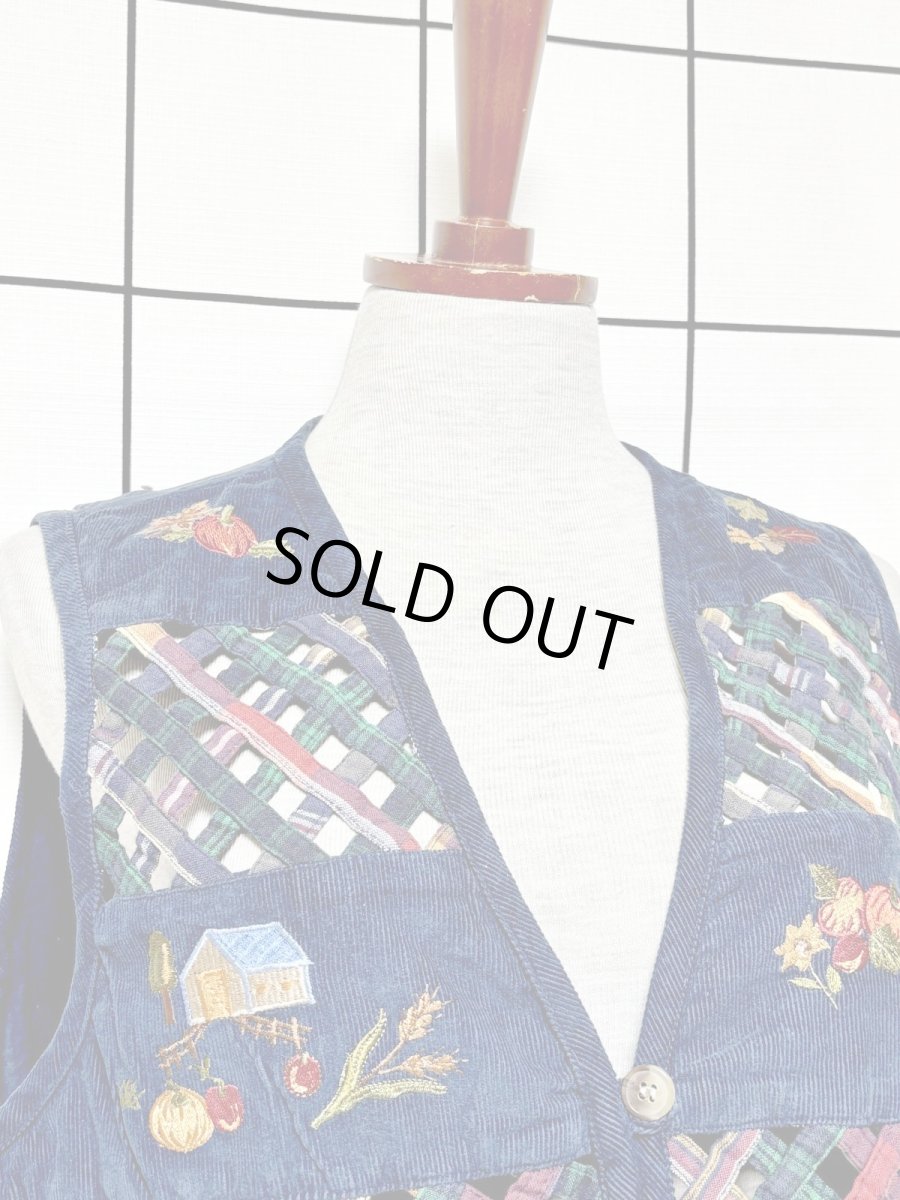 画像7: コーデュロイ 刺繍 ネイビー レトロ India 古着 ヴィンテージベスト (7)