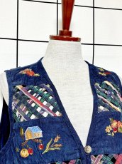 画像7: コーデュロイ 刺繍 ネイビー レトロ India 古着 ヴィンテージベスト (7)