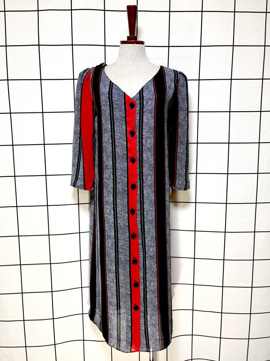 画像1: ストライプ 前開き レトロ 長袖 USA古着 ヴィンテージワンピース (1)