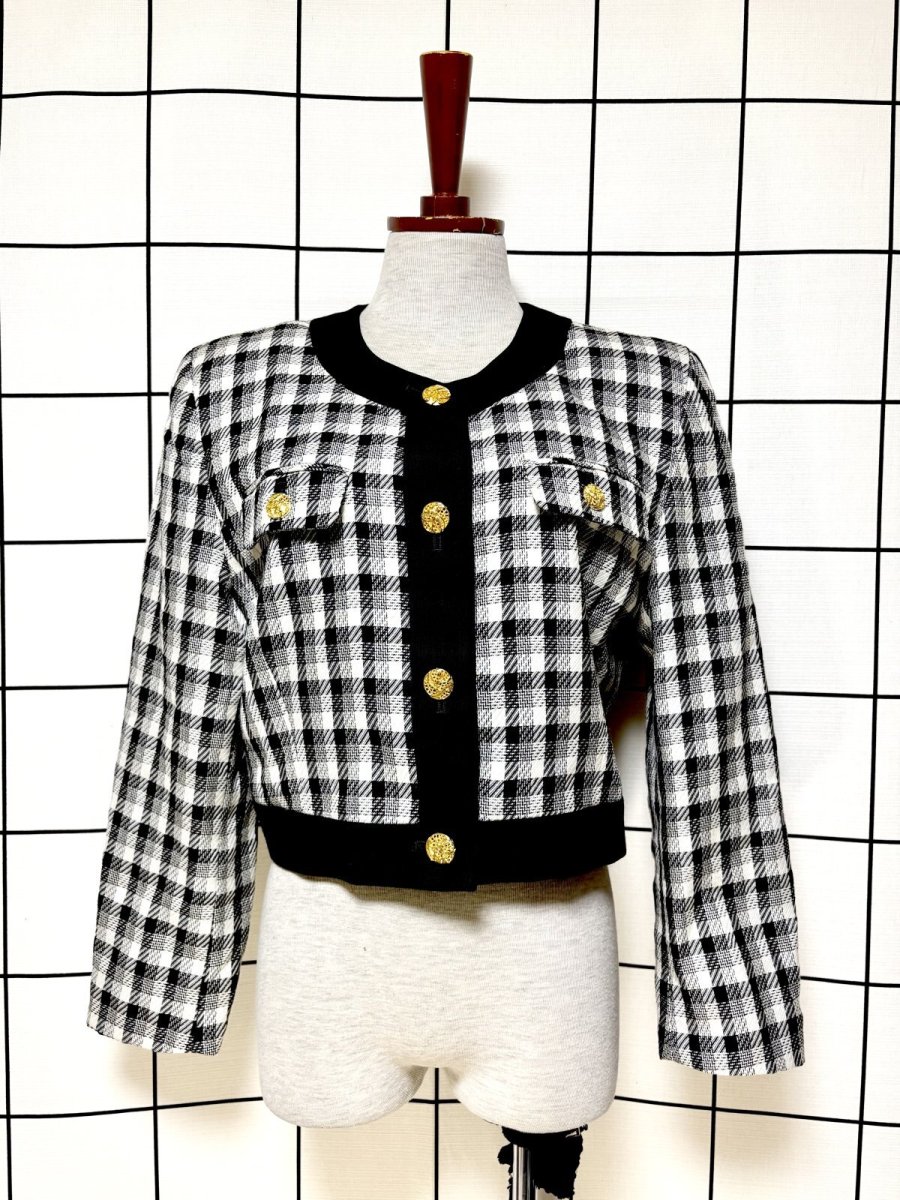 画像1: ショート丈 ノーカラー チェック柄 モノトーン レトロ 国産古着 ヴィンテージジャケット (1)