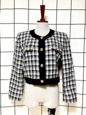 画像1: ショート丈 ノーカラー チェック柄 モノトーン レトロ 国産古着 ヴィンテージジャケット (1)