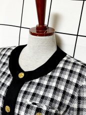 画像4: ショート丈 ノーカラー チェック柄 モノトーン レトロ 国産古着 ヴィンテージジャケット (4)