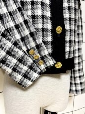 画像7: ショート丈 ノーカラー チェック柄 モノトーン レトロ 国産古着 ヴィンテージジャケット (7)