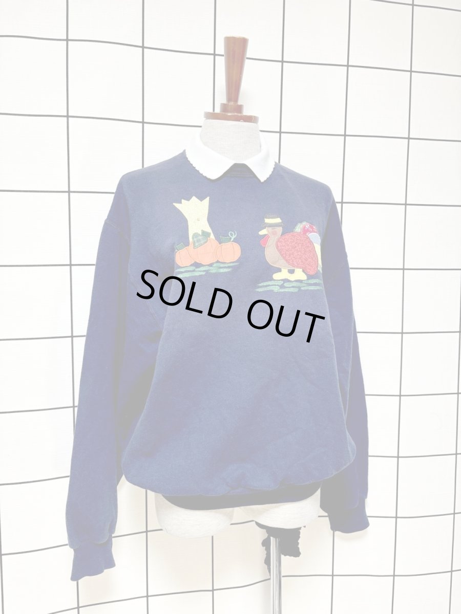 画像3: 鳥模様パッチ 襟付き ネイビー レトロ USA古着 ヴィンテージスウェット (3)