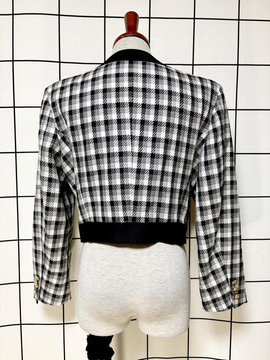 画像2: ショート丈 ノーカラー チェック柄 モノトーン レトロ 国産古着 ヴィンテージジャケット (2)