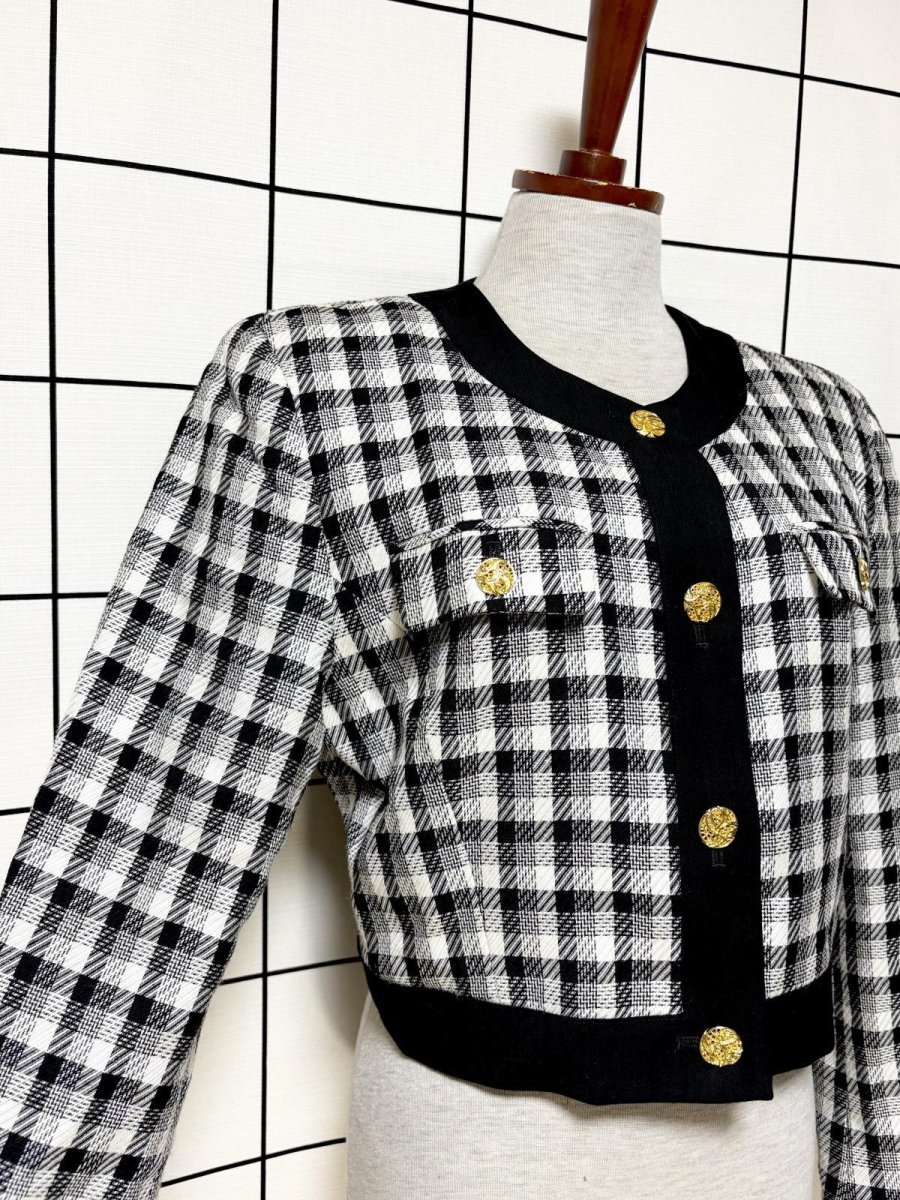 画像6: ショート丈 ノーカラー チェック柄 モノトーン レトロ 国産古着 ヴィンテージジャケット (6)