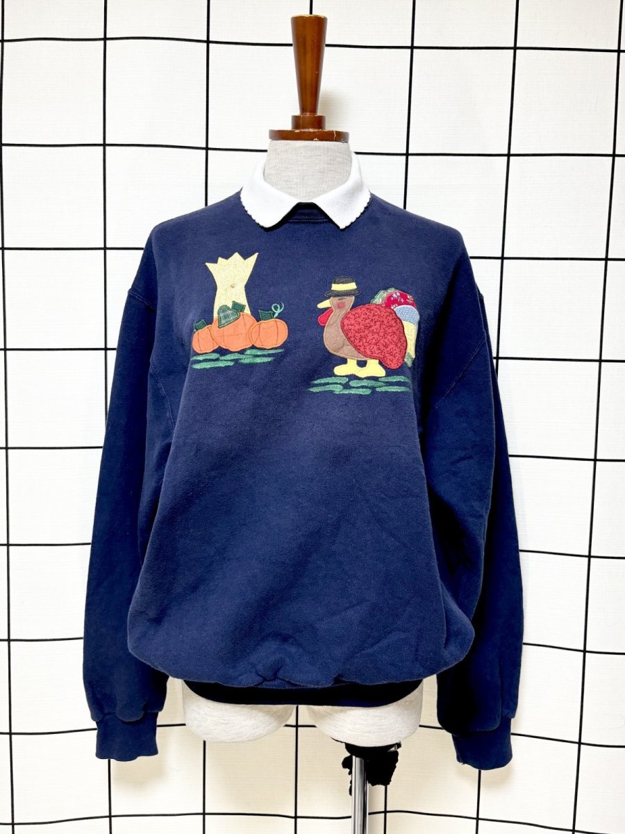 画像1: 鳥模様パッチ 襟付き ネイビー レトロ USA古着 ヴィンテージスウェット (1)