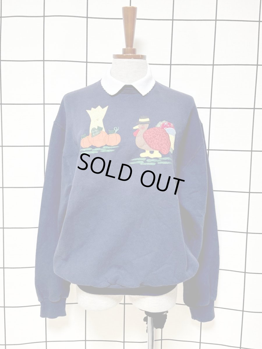 画像1: 鳥模様パッチ 襟付き ネイビー レトロ USA古着 ヴィンテージスウェット (1)