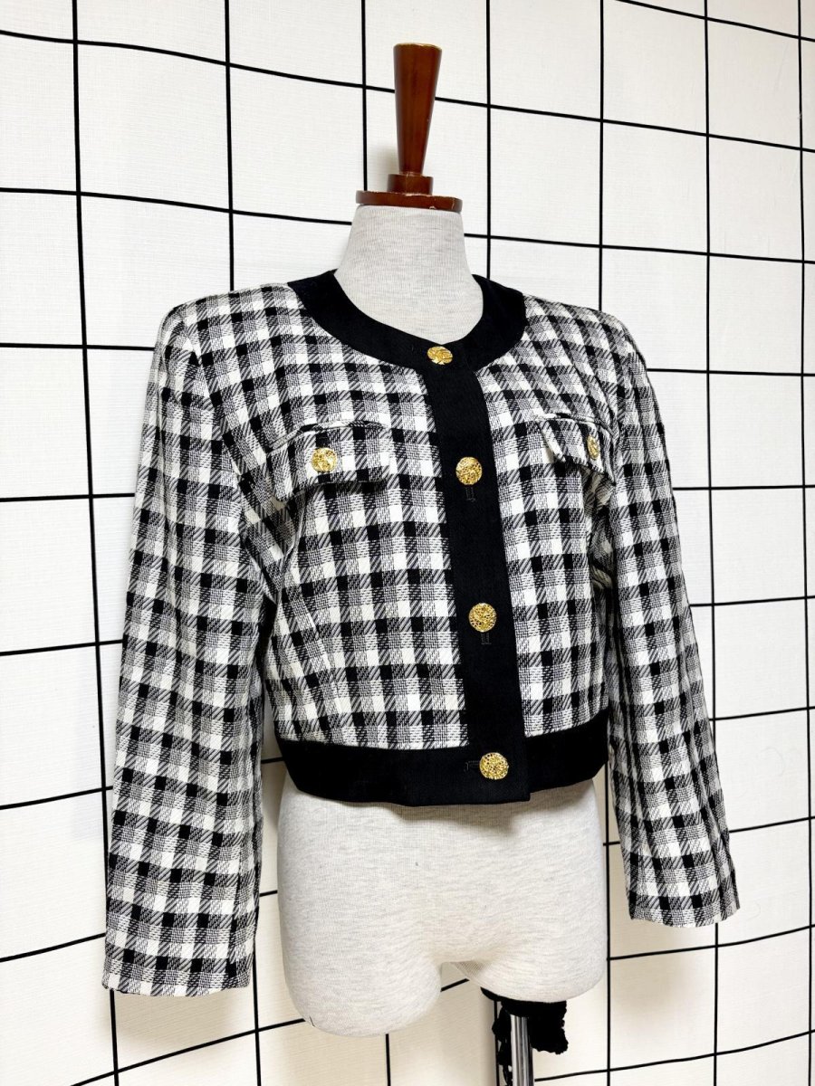 画像3: ショート丈 ノーカラー チェック柄 モノトーン レトロ 国産古着 ヴィンテージジャケット (3)