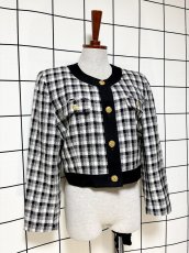 画像3: ショート丈 ノーカラー チェック柄 モノトーン レトロ 国産古着 ヴィンテージジャケット (3)