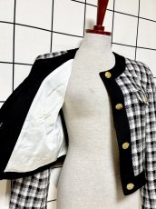 画像8: ショート丈 ノーカラー チェック柄 モノトーン レトロ 国産古着 ヴィンテージジャケット (8)