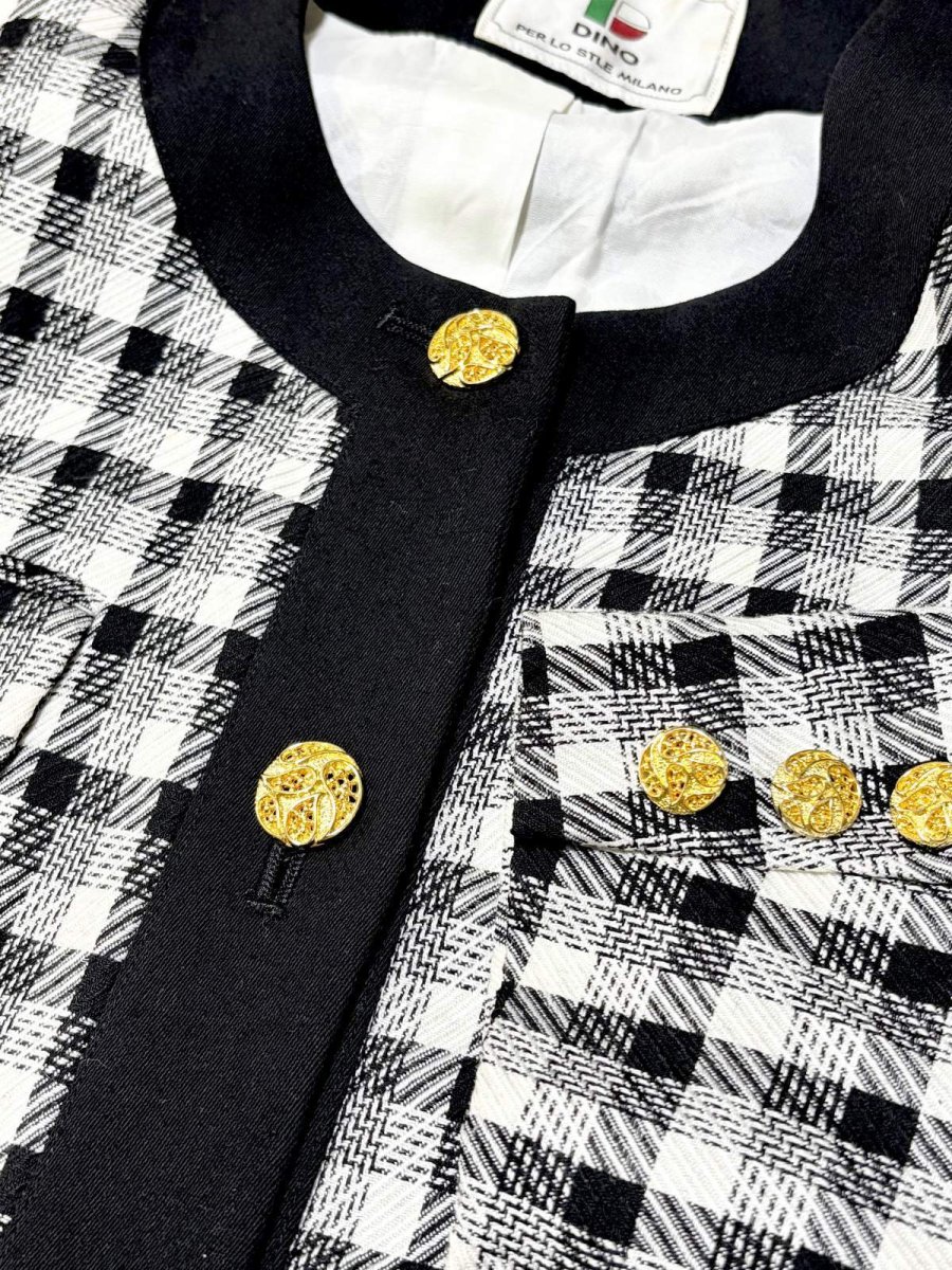 画像9: ショート丈 ノーカラー チェック柄 モノトーン レトロ 国産古着 ヴィンテージジャケット (9)