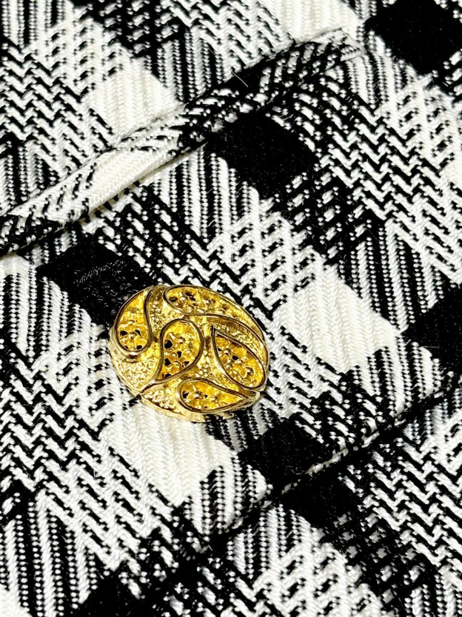 画像10: ショート丈 ノーカラー チェック柄 モノトーン レトロ 国産古着 ヴィンテージジャケット (10)