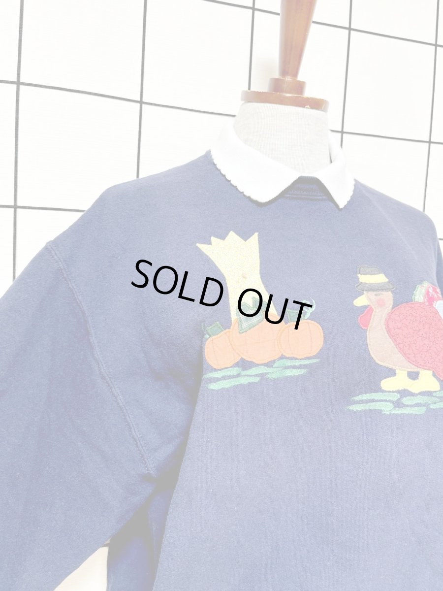 画像6: 鳥模様パッチ 襟付き ネイビー レトロ USA古着 ヴィンテージスウェット (6)