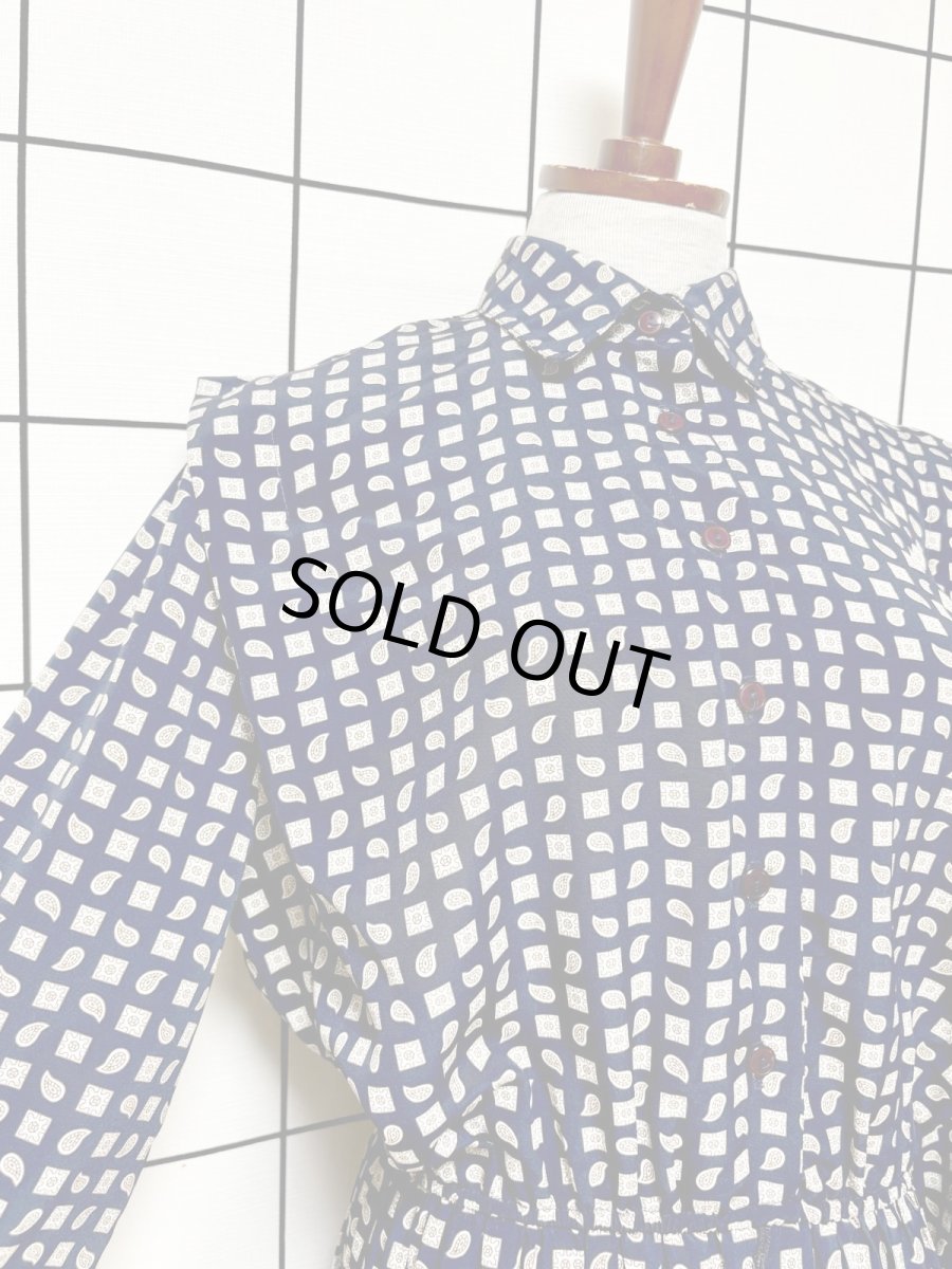 画像6: プリーツ切り替え ペイズリー ネイビー UNIONMADE ウエストゴム レトロ USA古着 ヴィンテージワンピース (6)