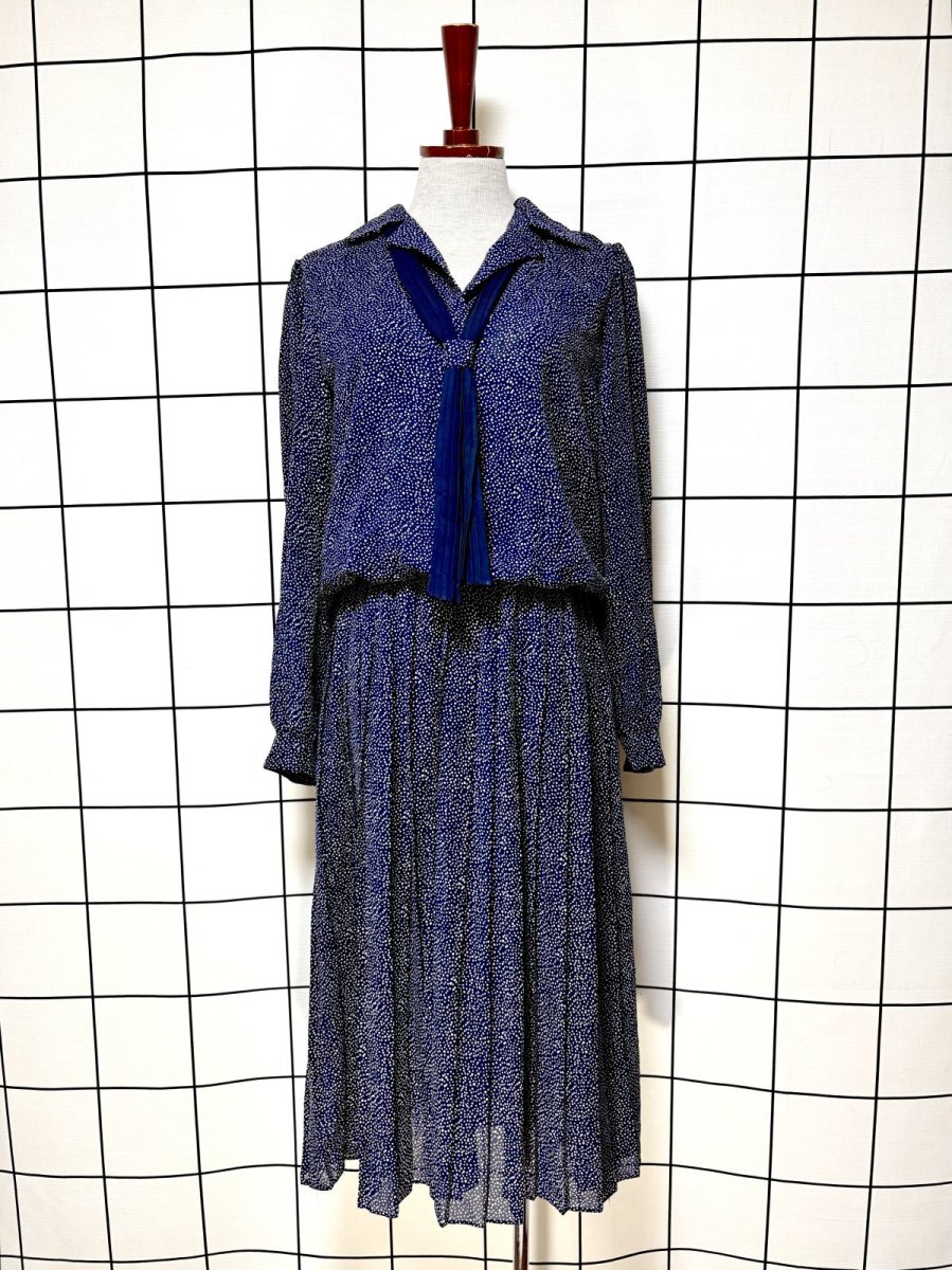 画像1: プリーツ切り替え ドット柄 ネイビー リボンタイ UNIONMADE ウエストゴム レトロ USA古着 ヴィンテージワンピース (1)