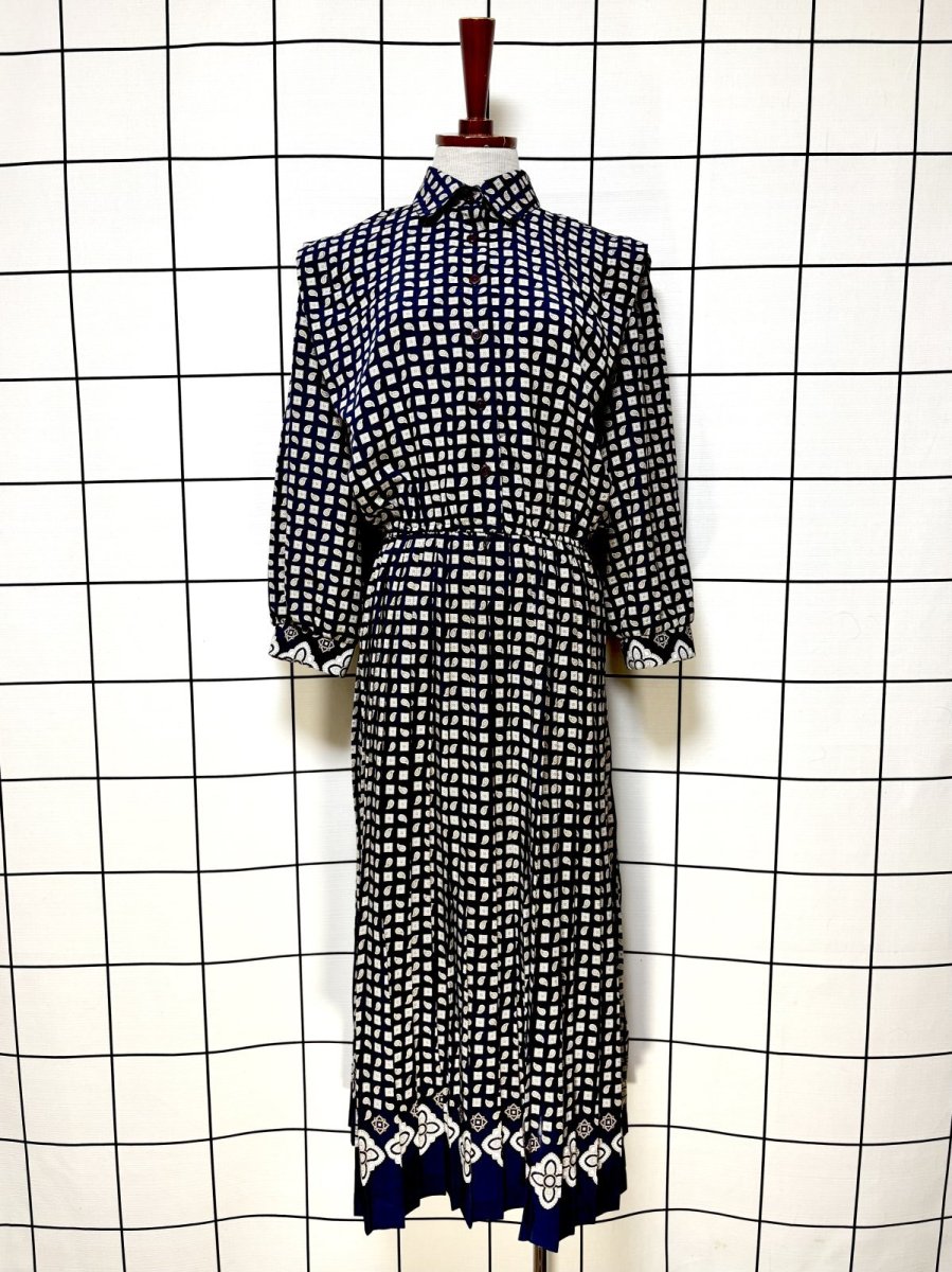 画像1: プリーツ切り替え ペイズリー ネイビー UNIONMADE ウエストゴム レトロ USA古着 ヴィンテージワンピース (1)